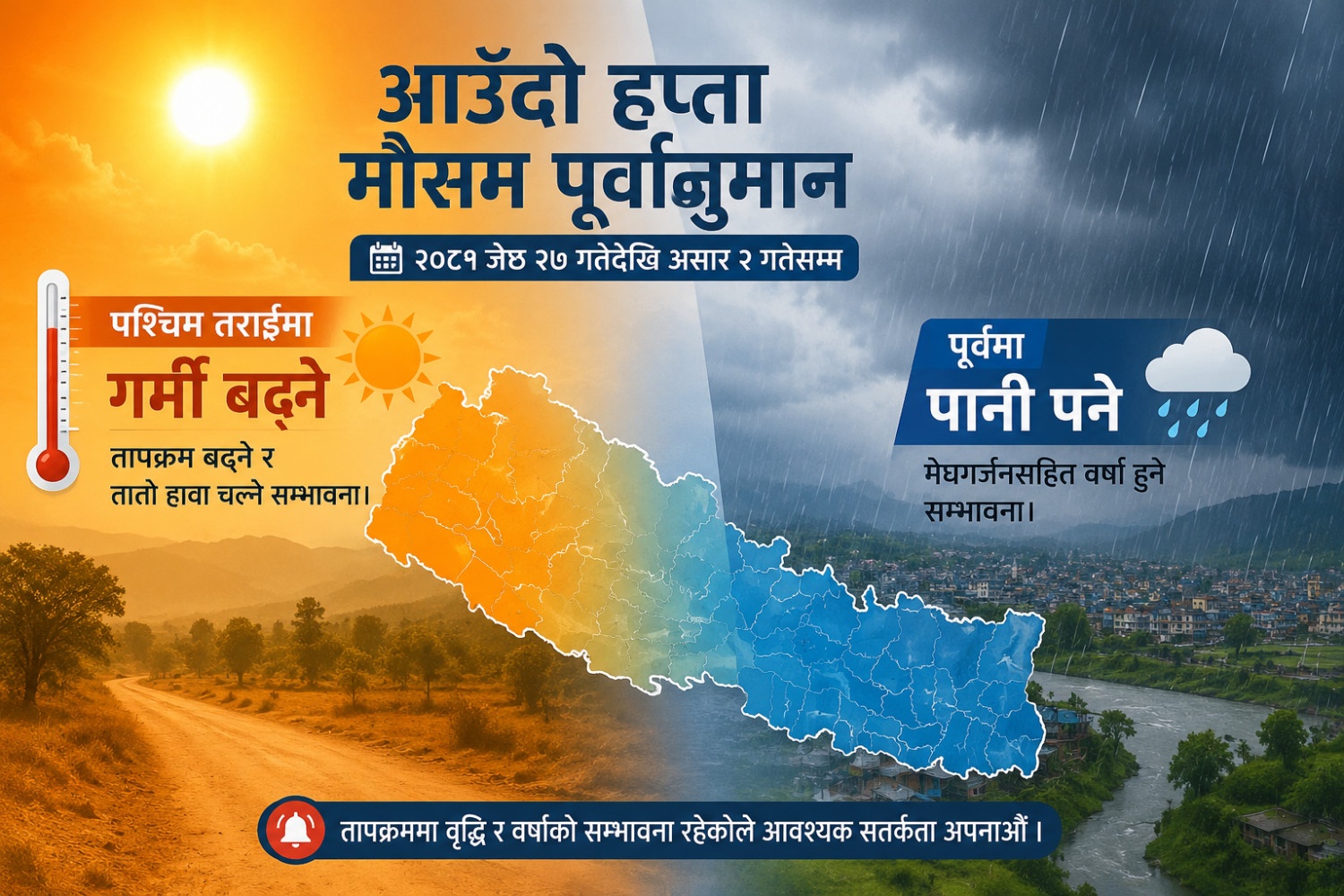 आउँदो हप्ता पूर्वमा पानी, पश्चिम तराईमा प्रचण्ड गर्मी